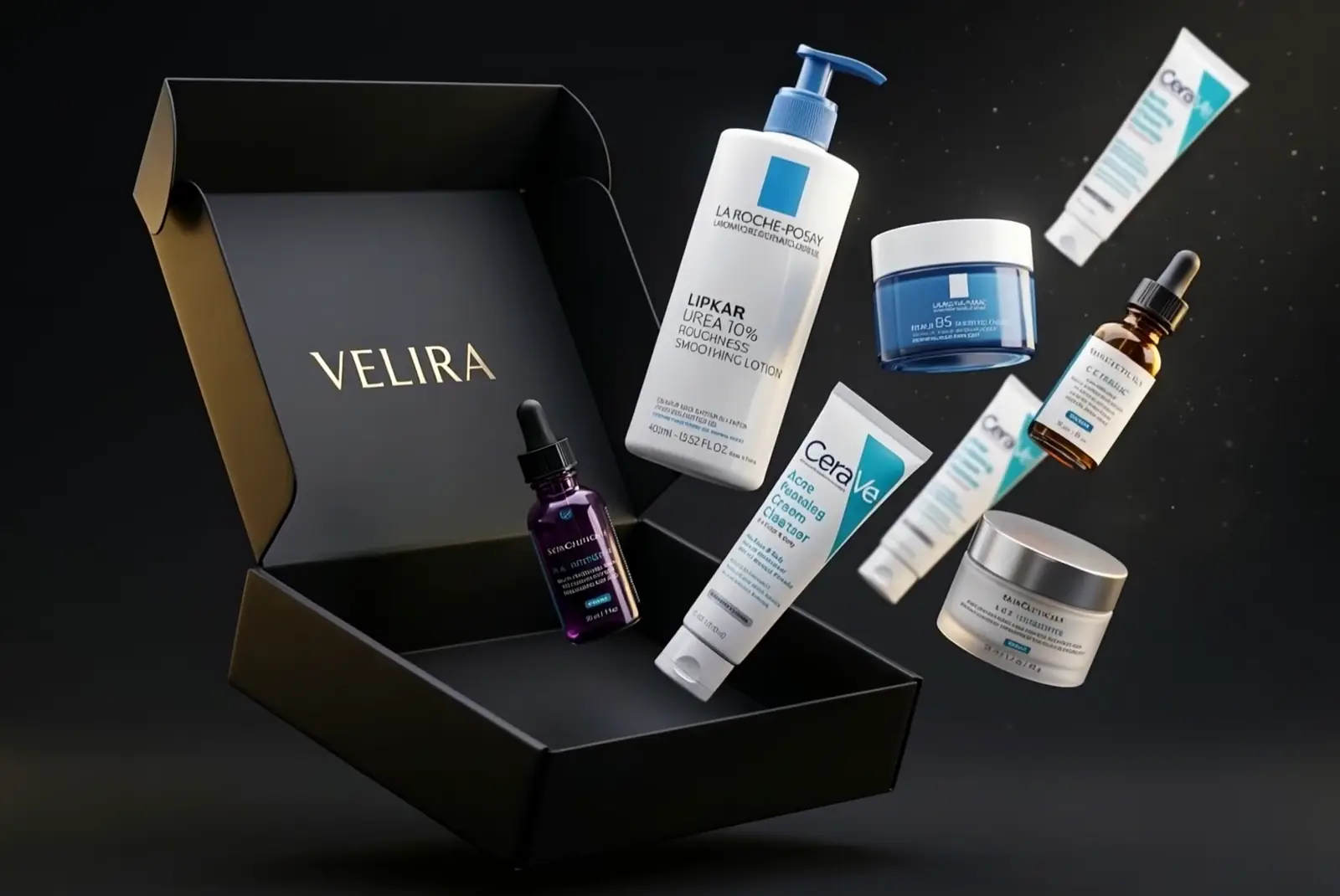 Cutia VELIRA deschisă, cu produsele CeraVe, La Roche-Posay și SkinCeuticals